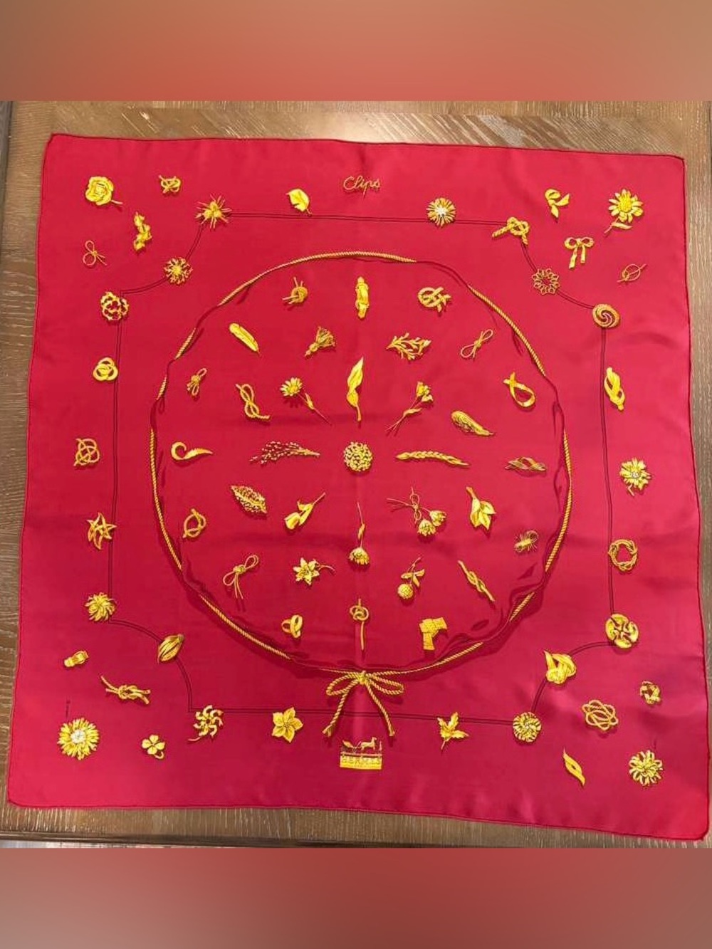 Hermes Silk Scarf Carré 90 Red Yellow Hand Rolled Made in France